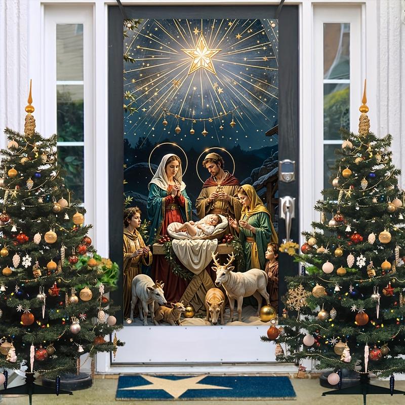 1 piece Vibrant Polyester Nativity Scene Door Banner - Durable, Bright Colors, Good Effect, Indoor Outdoor Hanging Decoration for Christmas and New Year Photography Props - 35.4*70.8 inches