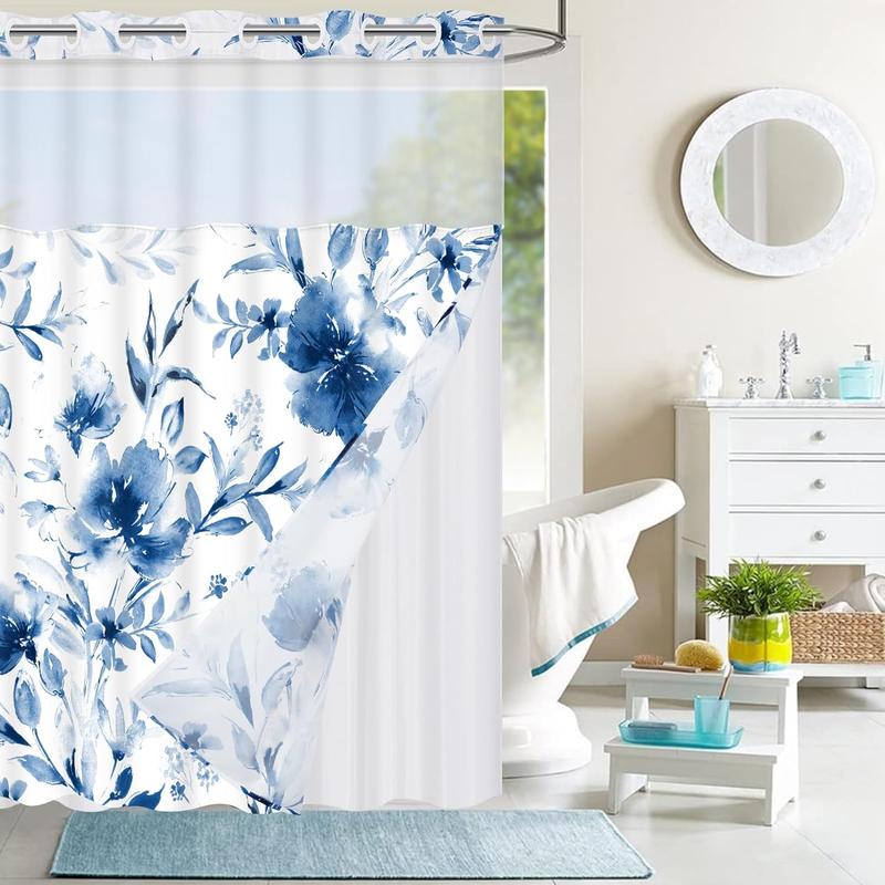 No Hook Shower Curtain with Snap in Liner, Navy Blue Floral Hotel Shower Curtain and Liner Set, Watercolor See Through Shower Curtain with Window, Double Layer, Waterproof