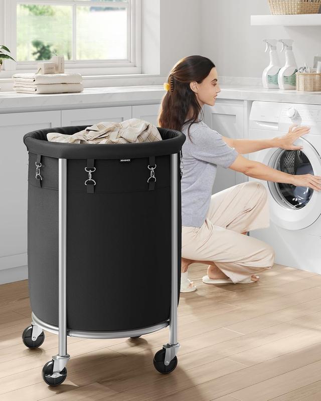 Laundry Basket with Wheels, Rolling Laundry Hamper, 29 Gal., Round Laundry Cart with Steel Frame and Removable Bag, 4 Casters and 2 Brakes, Black and Silver URLS002B01