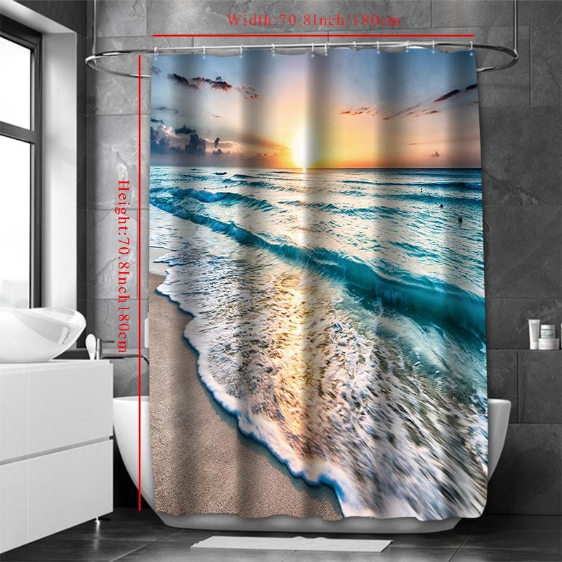 Beach Sunset Pattern Shower Curtain, Waterproof Shower Curtain with 12 Plastic Hooks, Bathroom Decor Accessories