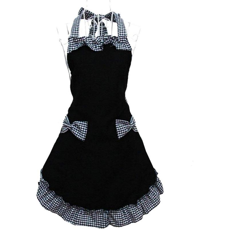 Cute Retro Lovely Vintage Ladies Kitchen Flirty Vintage Aprons for Women Girls with Pockets for Mothers Day Gift (Black)