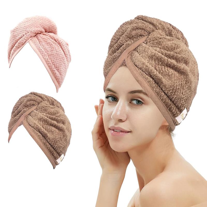 2 Pack Hair Drying Towels, Hair Wrap Towels, Absorbent Microfiber Hair Towel Turban with Button Design to Dry Hair Quickly(Coffee& Pink)