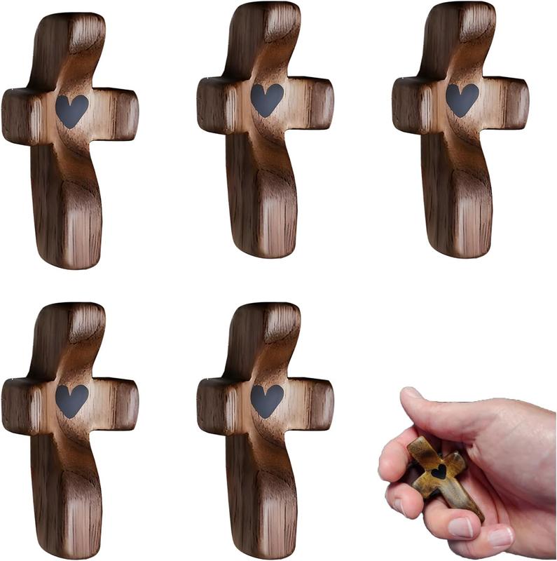 Encouragement Gift, Relieve Anxiety Comfort Cross for Clutching, Clinging and Praying, Pocket Olive Wood Cross Religious Gift for Children and Adults (5 Pcs)