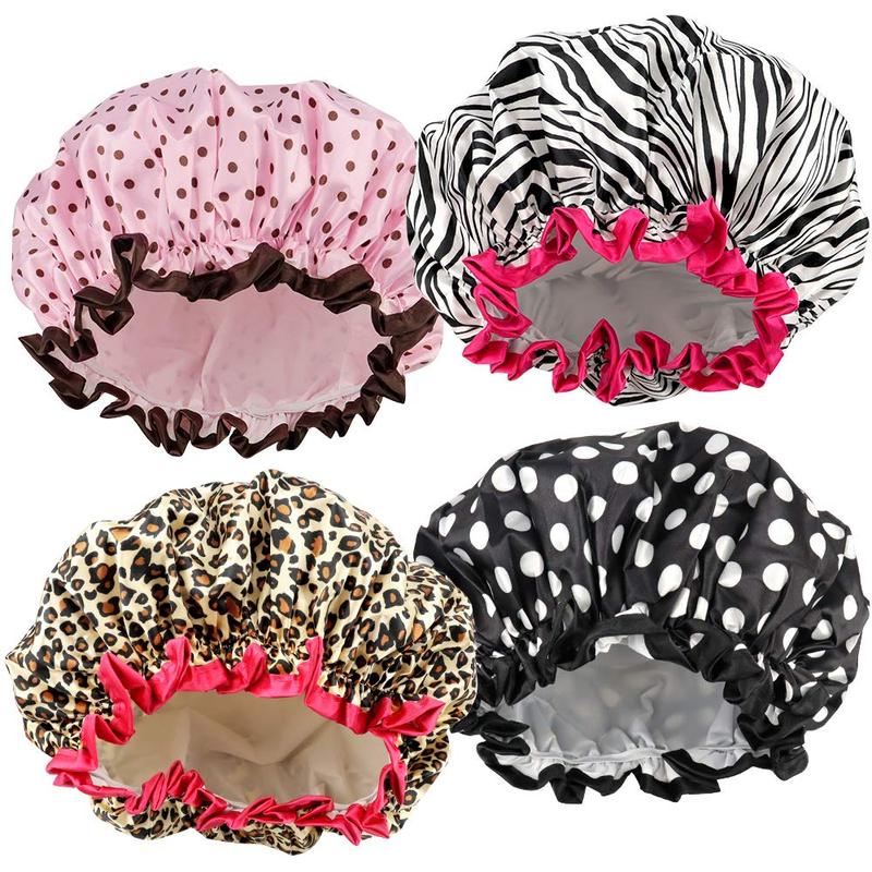 Double Layer Waterproof Shower Cap, 4 Counts set Elastic and Reusable Shower Cap, Hair Bathing Cap for Women & Girls