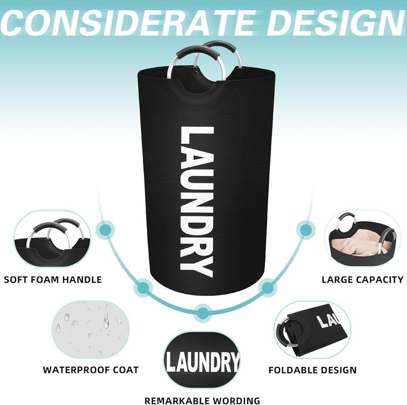 90L Large Laundry Basket, Dirty Clothes Hamper for Laundry, Collapsible, Waterproof Baskets with Foam Protected Aluminum Handles, Family (Black)