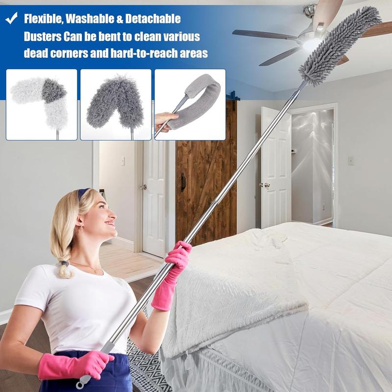 Dusters for Cleaning,9Pcs Feather Duster with Extension Pole Up to 100'',Extendable Bendable Washable Long Feather Duster for Cleaning Ceiling Chandelier,High Ceiling,Furniture