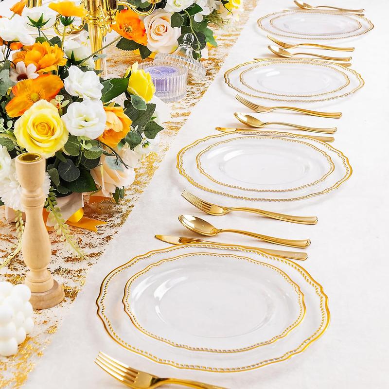 Nervure 60pcs Gold Plastic Plates - Clear and Gold Disposable Plates, 10.25 inch Plastic Dinner Plates, Perfect for Wedding & Party & Thanksgiving