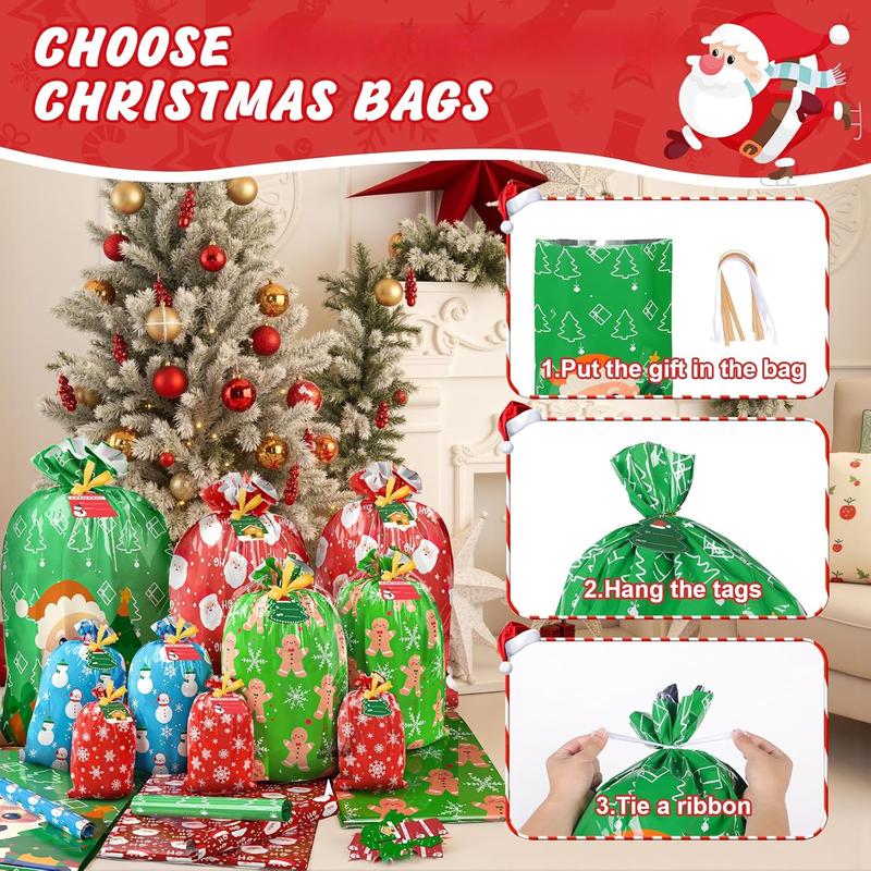 22PCS Christmas Gift Bags, 5 Styles Christmas Bags for Gifts, Holiday Reusable Christmas Gift Bags (3 X-Large, 3 Large, 5 Medium, 5 Small, 6 Mini) & 22 Cards & 16 Ribbons & 40 Ties Set Tree