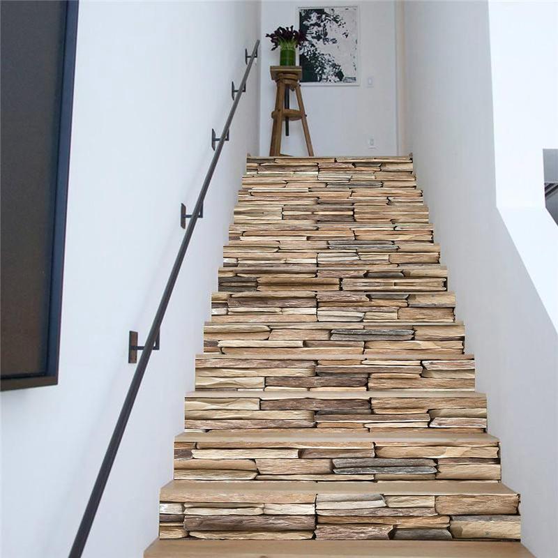 Wood Grain Pattern Stair Sticker, 13pcs set Waterproof Self Adhesive Wall Sticker, Removable Wall Decal for Home Decor