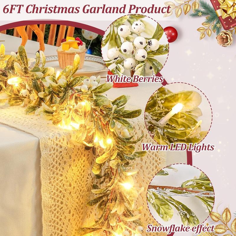 6FT Christmas Garland, Pre-lit Christmas Garland with 20LED Lights, Lighted Christmas Garland Olive Christmas Garland with Snowflakes Berry Christmas Garland for Mantle Fireplace