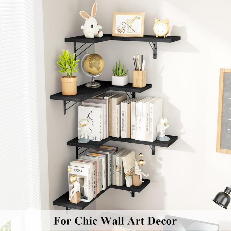 Corner Shelf Wall Mounted,Floating Wall Shelves for Storage,Rustic Wood Hanging Shelves for Display,Bathroom Kitchen Bedroom Living Room,Set of 4,Black