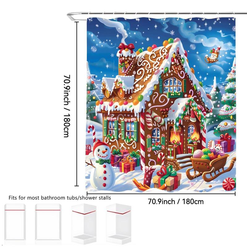 Christmas Gingerbread House Pattern Shower Curtain, 1 Count Waterproof Bathroom Curtain with 12 Hooks, Bathroom Decor Supplies for Home Hotel Salon Dormitory