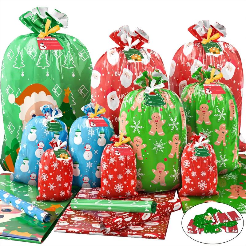 22PCS Christmas Gift Bags, 5 Styles Christmas Bags for Gifts, Holiday Reusable Christmas Gift Bags (3 X-Large, 3 Large, 5 Medium, 5 Small, 6 Mini) & 22 Cards & 16 Ribbons & 40 Ties Set Tree