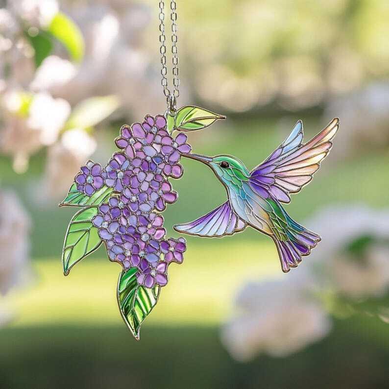 Hummingbird and Flower ACRYLIC SUNCATCHER Lilac Branch Window Hanging Ornament For Plant Lover Lilac Lovers Bird Nerd Bird Lovers Gift