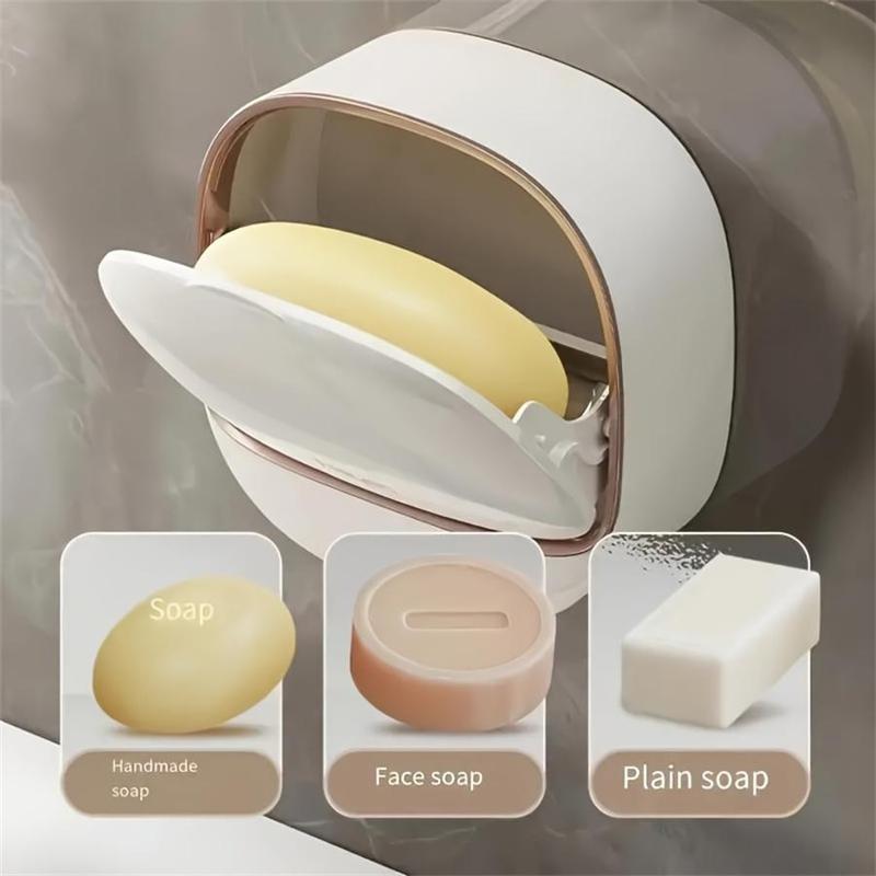 Wall Mounted Soap Dish, 1 Count Punch Free Soap Bar Holder with Lid, Double Layer Soap Draining Dish for Bathroom & Kitchen Storage