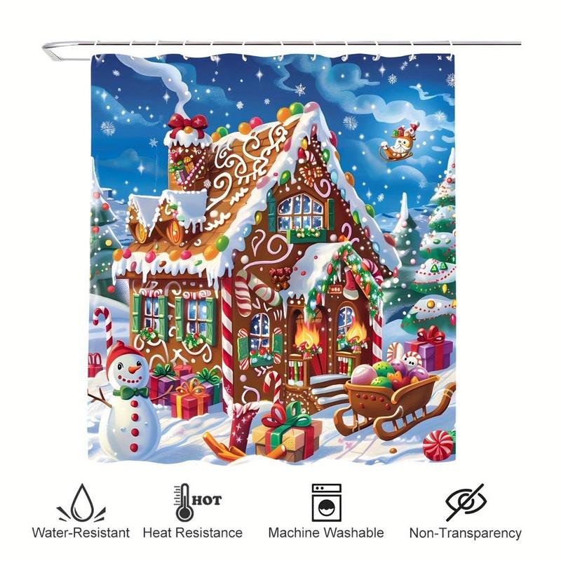 Christmas Gingerbread House Pattern Shower Curtain, 1 Count Waterproof Bathroom Curtain with 12 Hooks, Bathroom Decor Supplies for Home Hotel Salon Dormitory