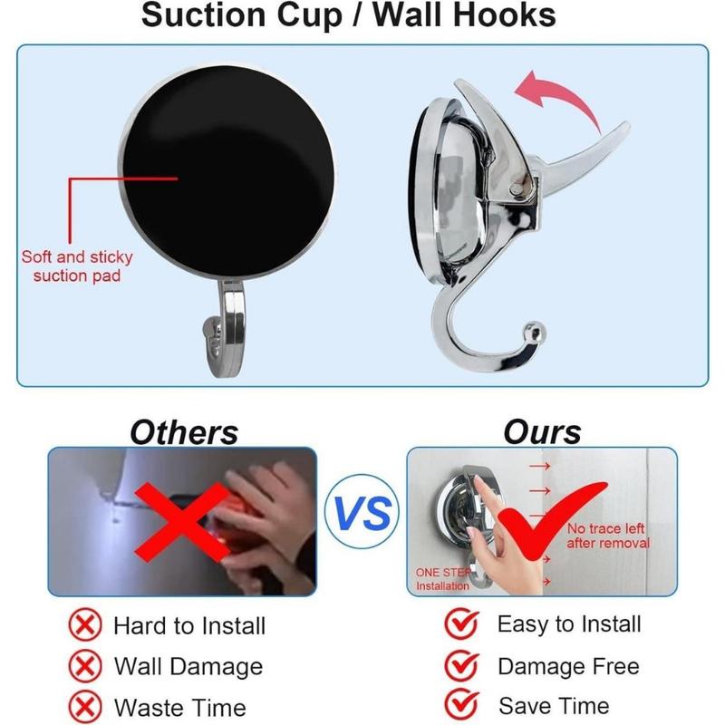 Suction Cup Hooks Heavy Duty Vacuum Suction Shower Hooks Glass Suction Cup Hooks Bathroom Robe Hooks Reusable, No Hole Punched, for Garland Decoration (Silver, 2 Pack)(Creative Life Pavilion) Organiser