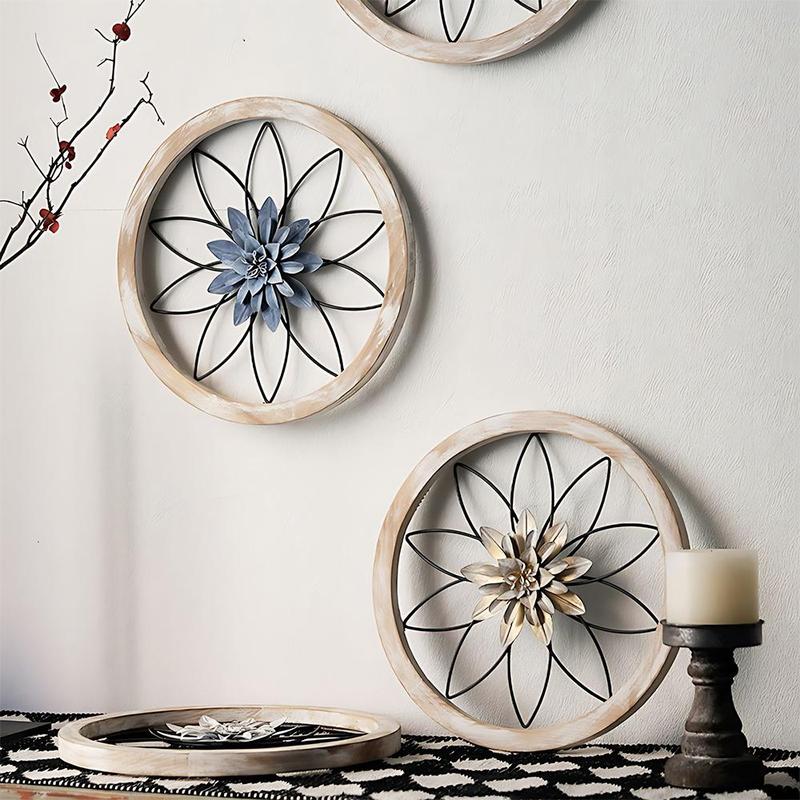 Round Wall Decor, 3 Counts set Wooden Flower Design Wall Hanging Decor, Wall Art Decor for Home Living Room Bedroom Dining Room Farmhouse