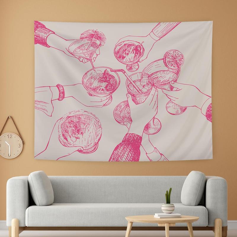 Bar Art Wall Decor, Pink Preppy Trendy Retro Cheers Cocktail Champagne Aesthetic Tapestry Wall Hanging for Home Bar Teen Girls Room Dorm Apartment, Bar Wall Art, 50x60 Inches