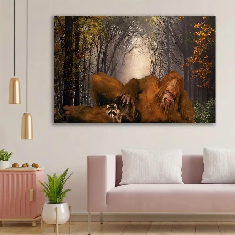 1pc Wooden Frame Canvas Painting Unique Bigfoot City Picture Frame Fabric Painting Poster Perfect for Office Corridor Home Living Room Decoration Hanging