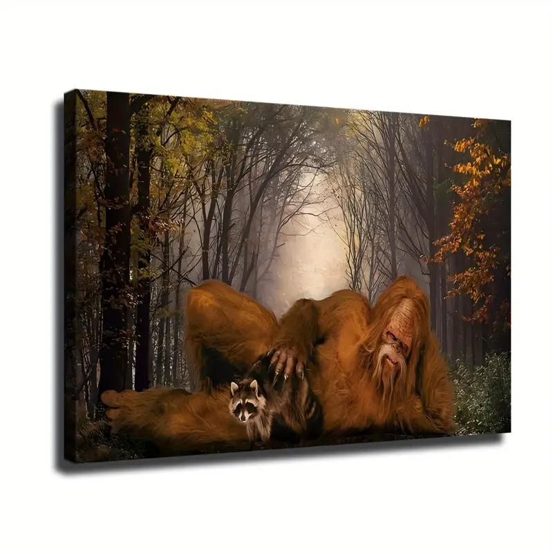 1pc Wooden Frame Canvas Painting Unique Bigfoot City Picture Frame Fabric Painting Poster Perfect for Office Corridor Home Living Room Decoration Hanging