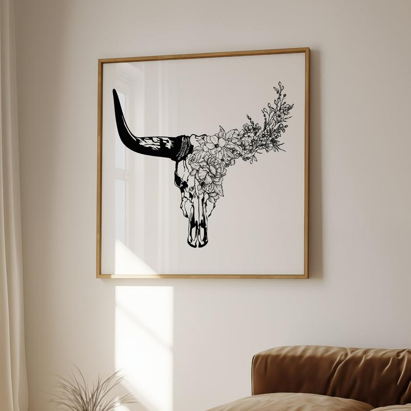 Longhorn Bull Skull Print | Black And White Cow Skull with Flowers Poster No Frame | Southwestern Art | Desert House Decor | Decor Home