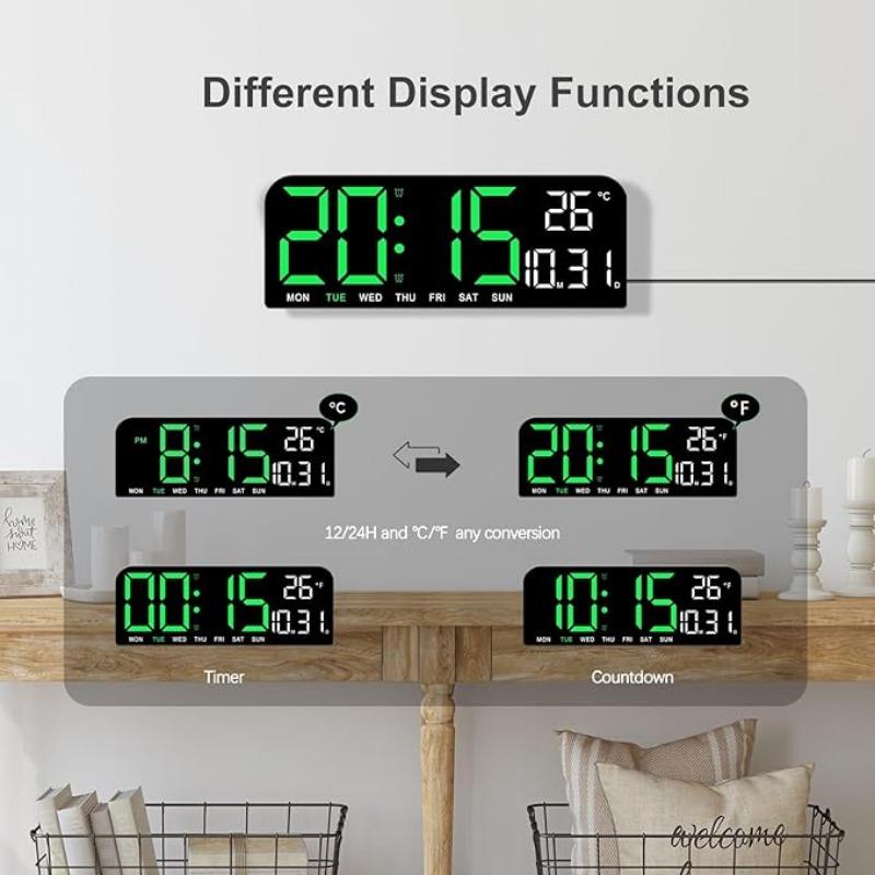 Digital Wall Clock Large Display, LED Wall Clocks for Living Room Decor, Digital Clock with Temperature DST Auto-Dimming Humidity Snooze - 12 24H, Silent Digital Clocks