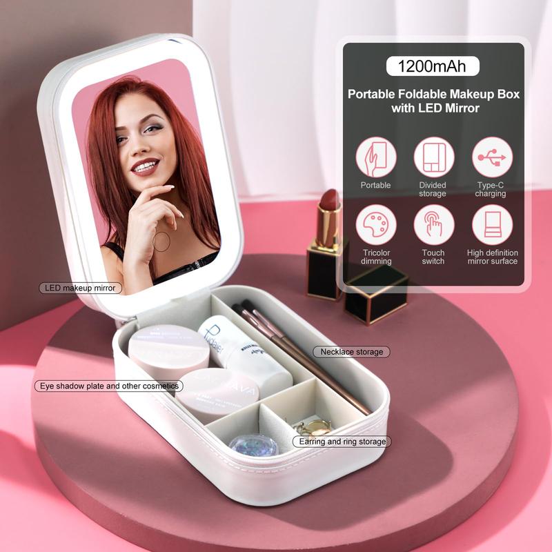 Travel Cosmetic Mirror Case LED Makeup Mirror Storage Case for Eyelash station Makeup Brushes Cosmetic Tools Pink On-the-go Makeup Needs (White)… White