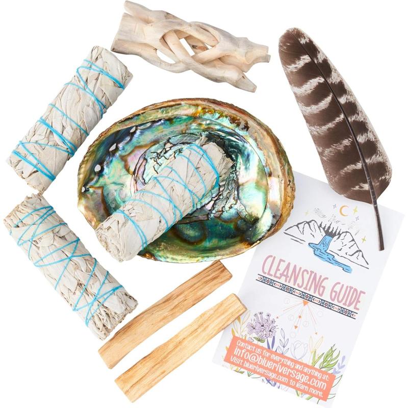 Home Cleansing & Smudging Kit with 3 White Sage, 2 Palo Santo, Abalone & Stand, Smudge Feather & Guide (Deluxe)