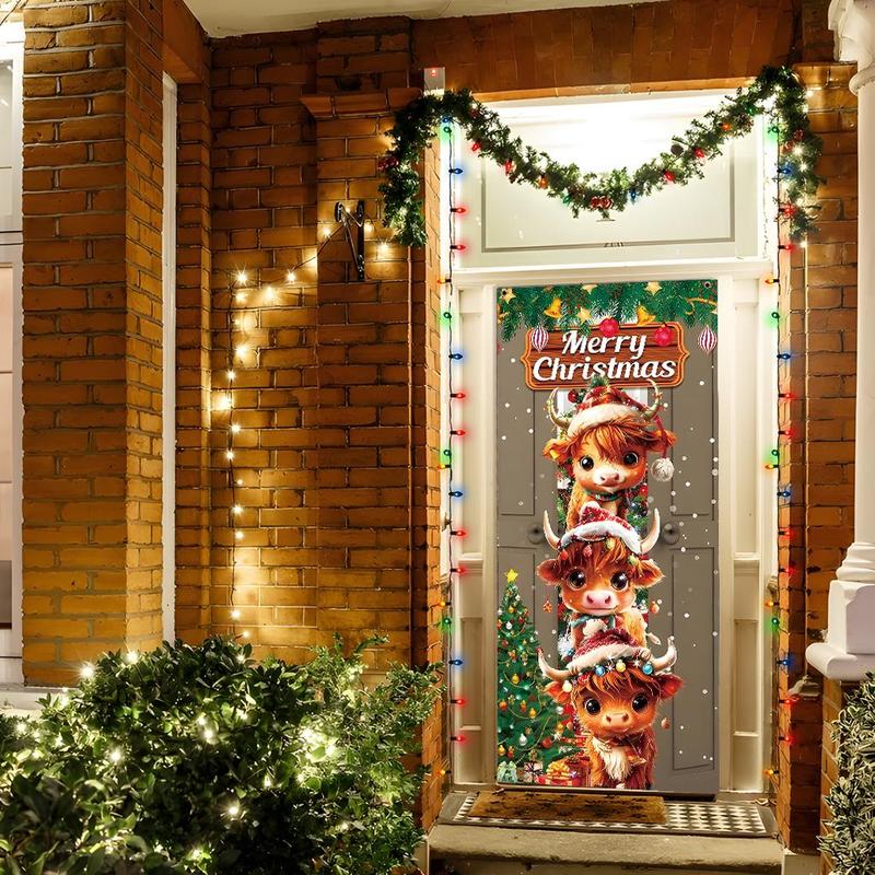 Cute Cow Pattern Christmas Door Banner, 1 Count Merry Christmas Door Hanging Banner, Festive Backdrop for Home Living Room Bedroom Party Decor