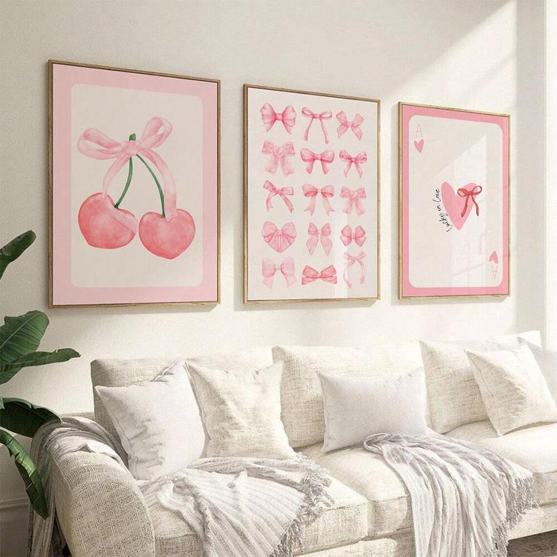 Cherry & Bow Pattern Unframed Painting, 3 Counts set Modern Wall Art Poster, Wall Art Decor for Home Living Room Bedroom Office