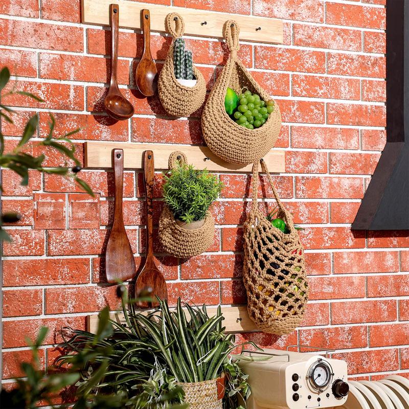 9 Pcs Jute Hanging Fruit Baskets for Kitchen Boho Hanging Basket Woven Hanging Wall Basket Storage Garlic Keeper for Potato Onion Banana Vegetable Produce Hammock Holder Home Kitchen Decor (Brown)