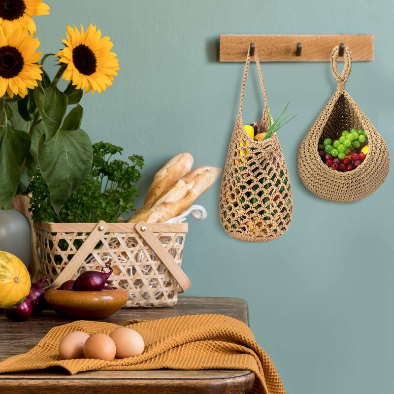 9 Pcs Jute Hanging Fruit Baskets for Kitchen Boho Hanging Basket Woven Hanging Wall Basket Storage Garlic Keeper for Potato Onion Banana Vegetable Produce Hammock Holder Home Kitchen Decor (Brown)