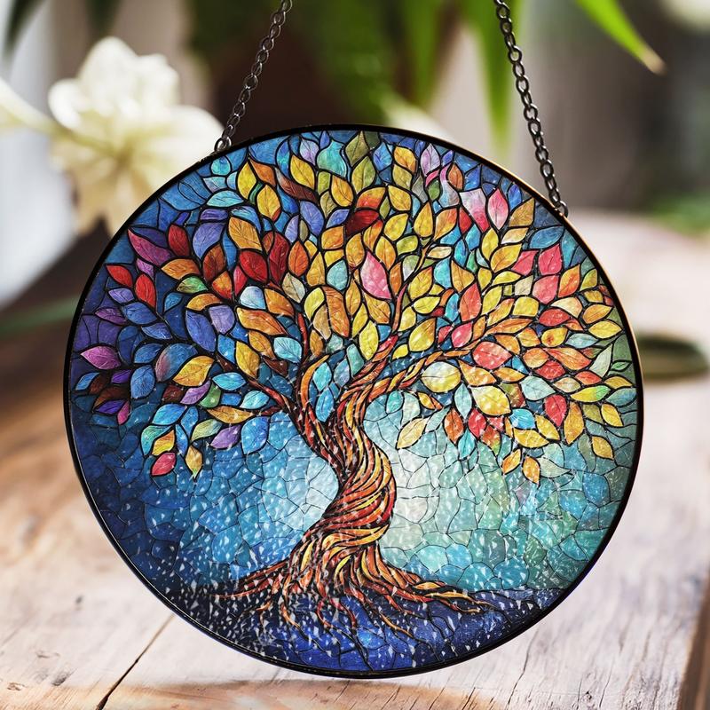 Stained Glass Tree of Life Suncatcher – Vibrant Nature-Inspired Window Hanging Art with Colorful Leaves Home Decor Door Hanger Suncatchers Decor, Stained Glass Art