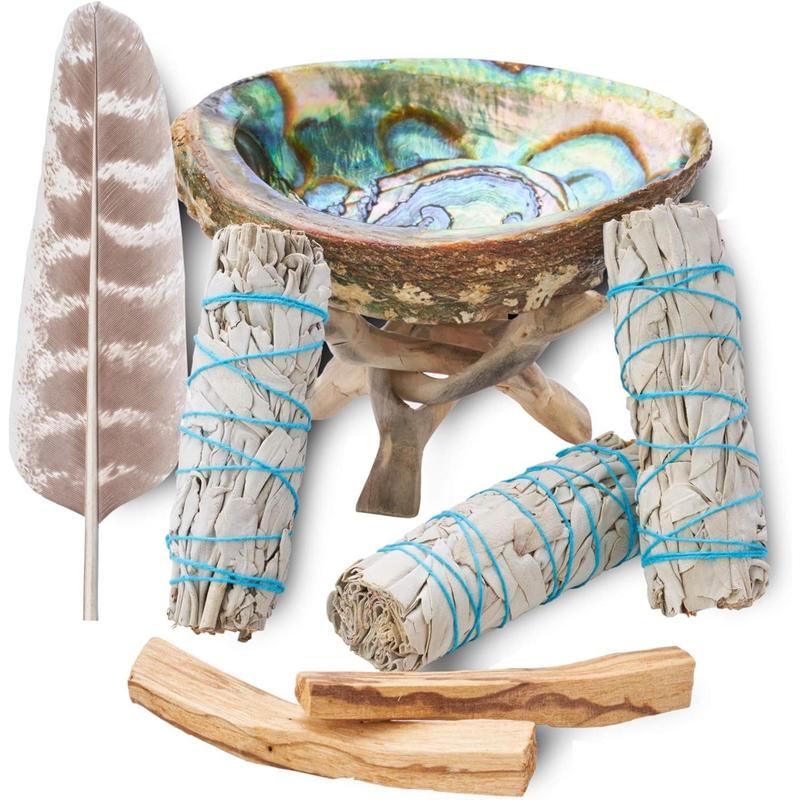 Home Cleansing & Smudging Kit with 3 White Sage, 2 Palo Santo, Abalone & Stand, Smudge Feather & Guide (Deluxe)