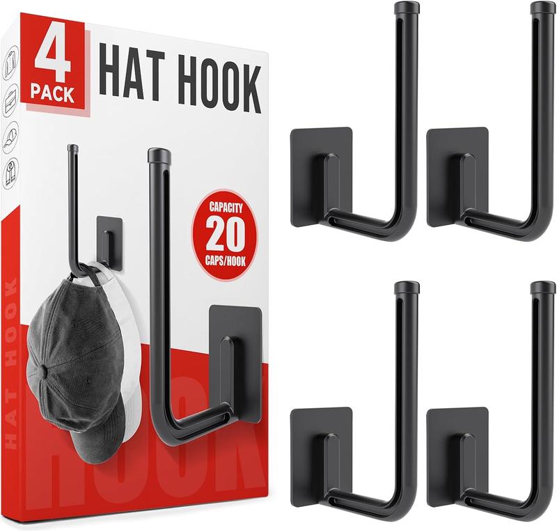 Hat Organizer for Baseball Caps Hat Rack for Wall Hat Hooks Hat Storage Holder for Closet Door Adhesive Drill Mount 4 Pack Model(Black)