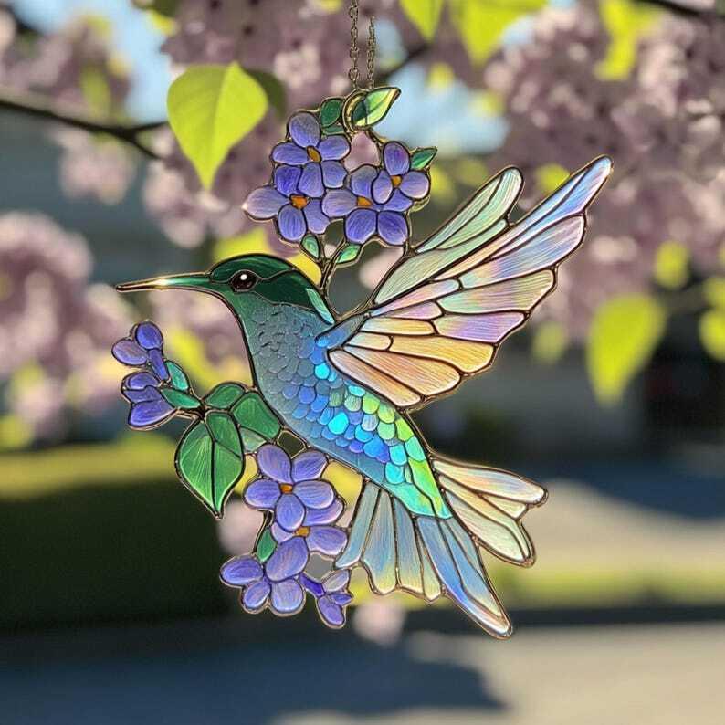 Hummingbird and Flower ACRYLIC SUNCATCHER Lilac Branch Window Hanging Ornament For Plant Lover Lilac Lovers Bird Nerd Bird Lovers Gift