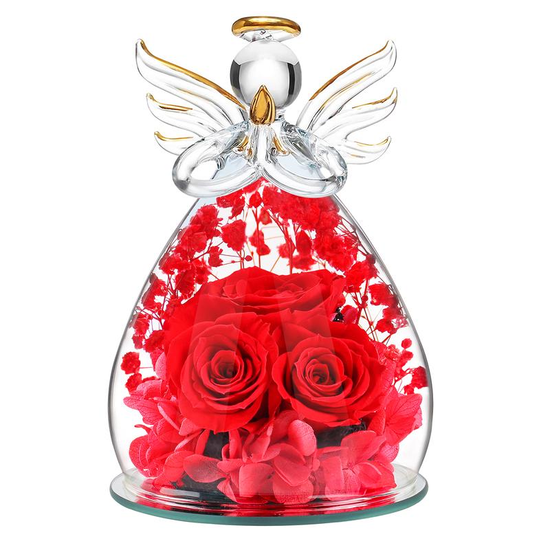 DEEMEI Christmas Preserved Flower Praying Birthday Angel Figurine Gift with Rose in Glass Cover for Her Women for Valentine's Day Ornament Decor Rose