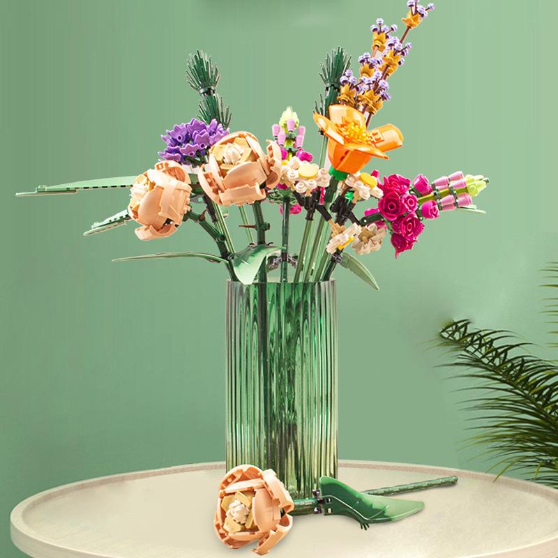 Bouquet Building Set - Artificial Flower Roses, Plant Collection and Table Art Ornaments Decorative Flowers Artificial Birds Fruit Leaves Plant Decor