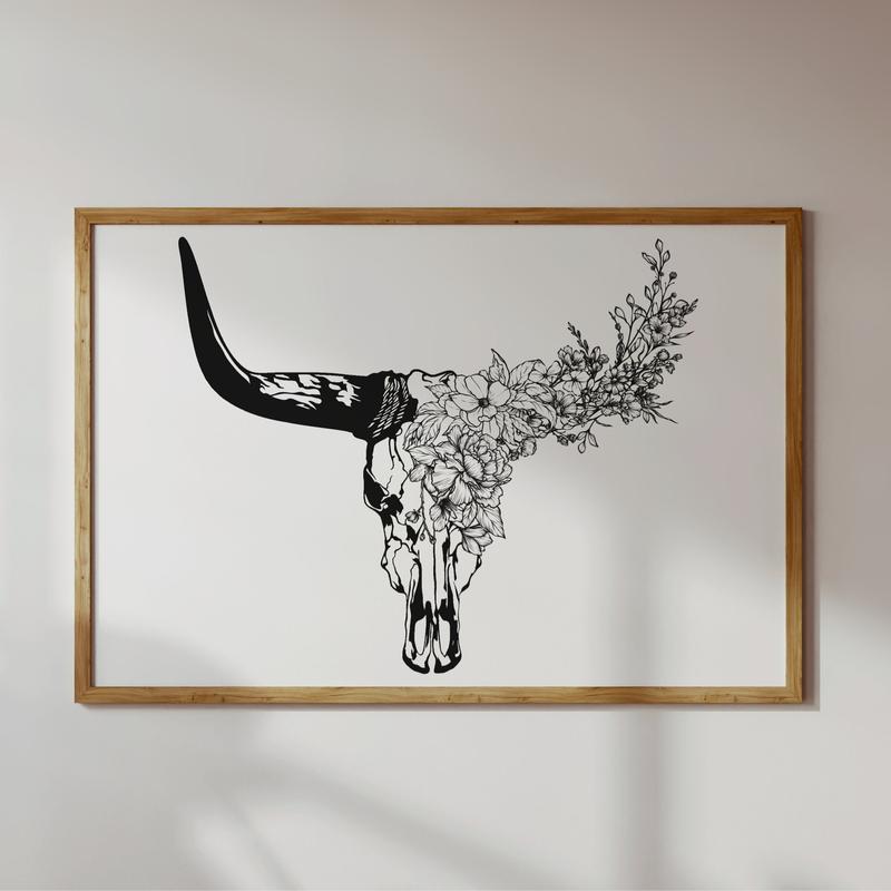 Longhorn Bull Skull Print | Black And White Cow Skull with Flowers Poster No Frame | Southwestern Art | Desert House Decor | Decor Home