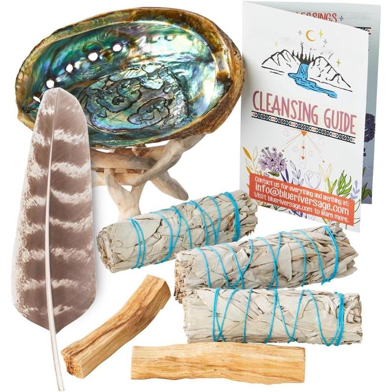 Home Cleansing & Smudging Kit with 3 White Sage, 2 Palo Santo, Abalone & Stand, Smudge Feather & Guide (Deluxe)