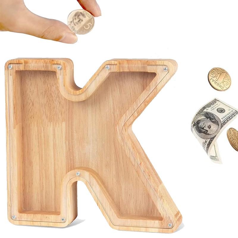 Letter Piggy Bank Wooden Coin Money Saving Box Jar Coins Storage Box Desktop Ornament Home Decor Crafts Gift (K), Room Decoration , Transparent display